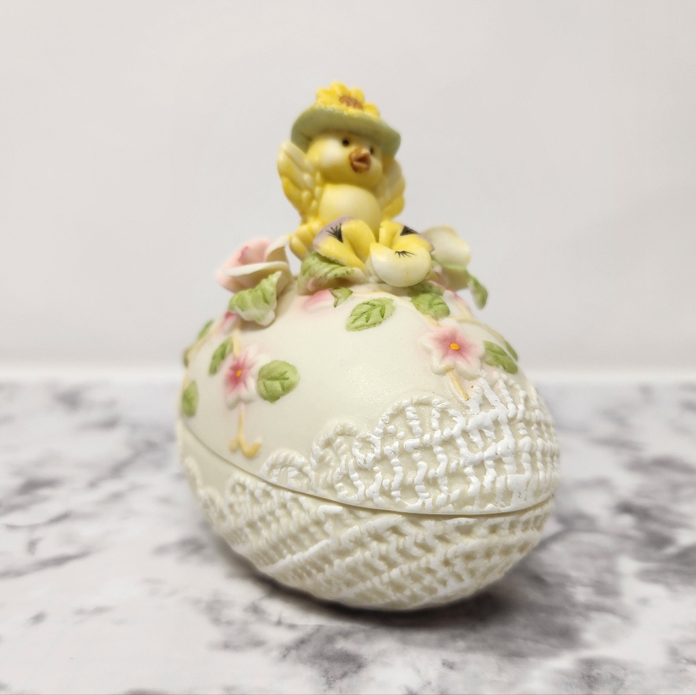 Decorative Egg with Yellow Chick and Flowers Trinket Box